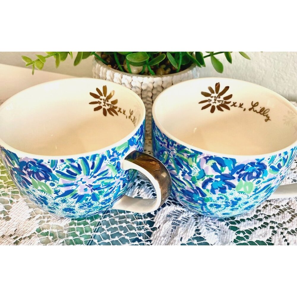 Lilly Pulitzer Mugs Coffee /Tea Hidden Lion Blue Purple Floral Set 2
